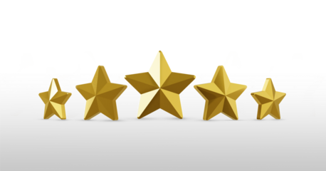 Five Gold rating star symbol of customer satisfaction review service best quality ranking icon or shiny feedback success sign award and product evaluation rate on golden 3d background with excellent.