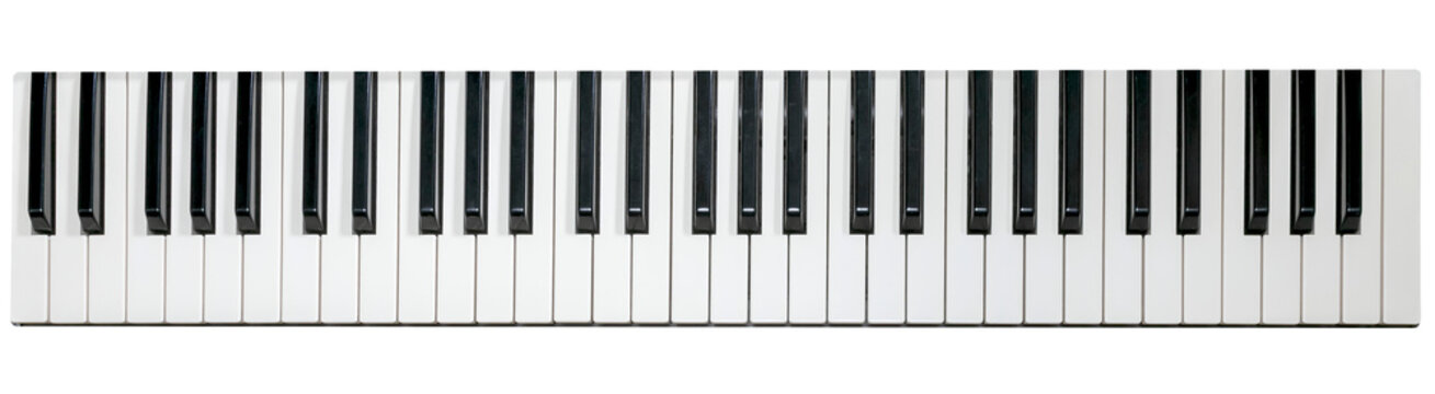 Piano keyboard, flat top view. Horizontal image. Black and White Piano Keys Taken From Above as a Flat Lay Image