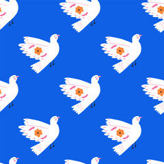 Flying white dove with flowers on wing, hand drawn seamless pattern, flat vector illustration on blue background. Bird flies up. Concepts of love and peace.