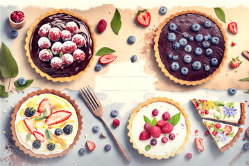 Different types of homemade tarts on light background. Top view, flat lay, banner, watercolor illustrations, AI generated - obrazy, fototapety, plakaty