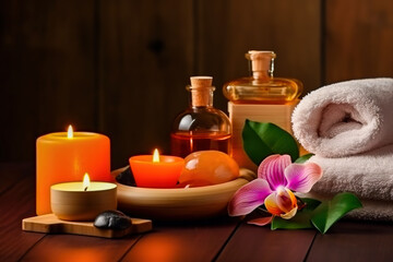 Obraz na płótnie Canvas Spa composition with alight candles and beautiful flowers on wooden background. Massage therapy for one person with candle light. 