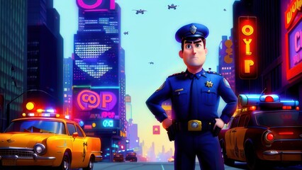  Expressive cartoon cop in the city futuristic background. Generative AI