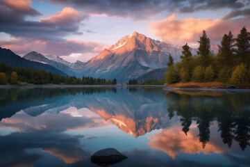 Fototapeta na wymiar Generative ai panorama of gorgeous lake surrounded by mountains at sunrise