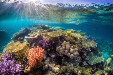 Naklejka na ściany i meble Generative ai sun beams shining underwater on the tropical coral reef