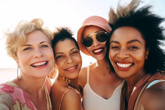 Generative ai middle age happy smiling group multiethnic friends at beach taking selfie