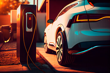 Fototapeta na wymiar Electric car charging at a gas station in the city, industrial landscape, neon elements, healthy environment without harmful emissions. Eco concept. Generative AI