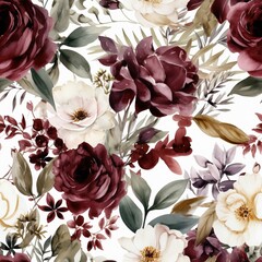 Experience the timeless beauty of lush burgundy florals paired with dark foliage in a classic watercolor painting. Perfect for any elegant design project. AI Generation