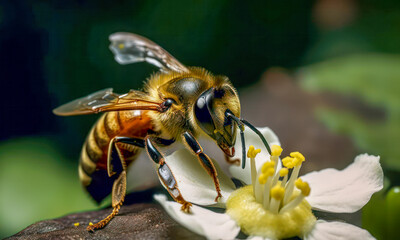Abeja tomando el nectar de miel en una flor, tecnica de macrofotografia