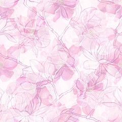 Seamless pattern with  magnolia branches. Watercolor and graphic arts.  Perfect for wallpaper, wrapping, fabric and textile.