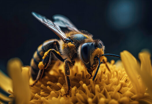 Abeja tomando el nectar de miel en una flor, tecnica de macrofotografia