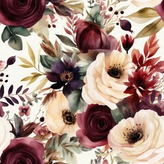Obraz na płótnie Canvas Experience the timeless beauty of lush burgundy florals paired with dark foliage in a classic watercolor painting. Perfect for any elegant design project. AI Generation