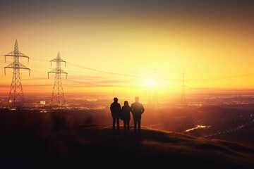 Fototapeta na wymiar A Group of People Watching a City at Sunset with Power Lines in the Background - Energy Concept, Power Supply