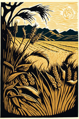 Woodblock print of a golden field of wheat, traditional craft style. Generative AI