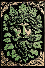 Woodblock print of The Green Man, traditional craft style. Generative AI