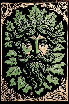 Woodblock print of The Green Man, traditional craft style. Generative AI