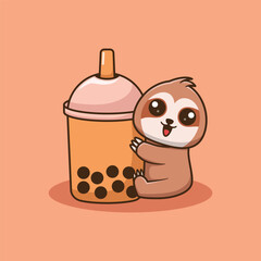 Vector Cute Sloth Hugging Boba Illustration. Kawaii Animal and Drink Cartoon Character Design For Banner, Poster, Icon, and Mascot