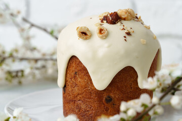 Traditional Easter cake with nuts on gray background