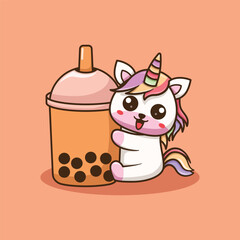 Vector Cute Unicorn Hugging Boba Illustration. Kawaii Animal and Drink Cartoon Character Design For Banner, Poster, Icon, and Mascot