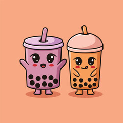 Vector Cute Boba Tea Illustration. Kawaii Food and Drink Cartoon Character Design For Banner, Poster, Icon, and Mascot
