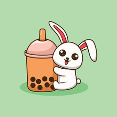 Vector Cute Bunny Rabbit Hugging Boba Illustration. Kawaii Animal and Drink Cartoon Character Design For Banner, Poster, Icon, and Mascot