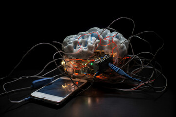 Human brain connected to a mobile phone with wires, representing the dangers of media addiction and overconsumption in the digital age. Ai generated