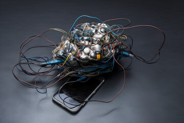 Human brain connected to a mobile phone with wires, representing the dangers of media addiction and overconsumption in the digital age. Ai generated