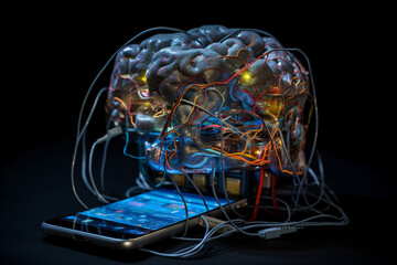 Human brain connected to a mobile phone with wires, representing the dangers of media addiction and overconsumption in the digital age. Ai generated
