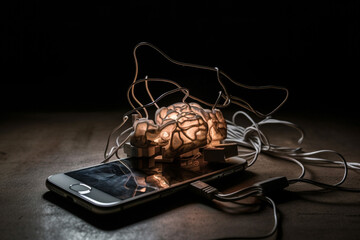 Human brain connected to a mobile phone with wires, representing the dangers of media addiction and overconsumption in the digital age. Ai generated