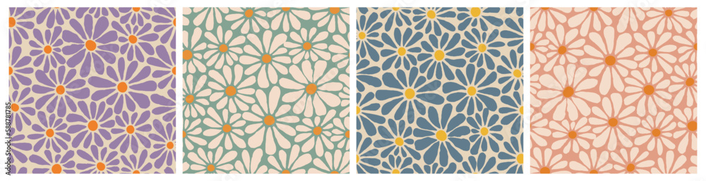 Poster Vector Seamless Patterns with Daisy Flowers. Retro Bg in Groovy Cartoon Style. Y2k Hippie Illustration Set with Camomile