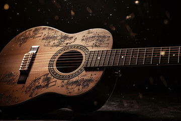 Obraz na płótnie Canvas Classic wood guitar with musical notes score. Wooden musical play instrument with strings. Ai generated