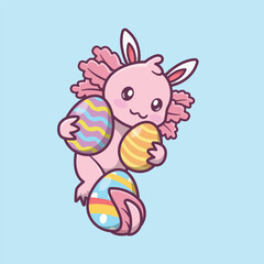 illustration of a cute axolotl celebrating easter day in cartoon style, and carrying some eggs in his hands