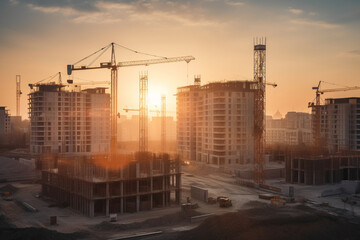 Construction site at sunset, showing towering buildings in various stages of construction, surrounded by cranes and heavy equipment.Ai generated