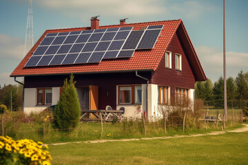 Residential homes powered by renewable energy sources such as solar panels and wind turbines. Ai generated..