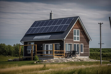 Obraz premium Residential homes powered by renewable energy sources such as solar panels and wind turbines. Ai generated..