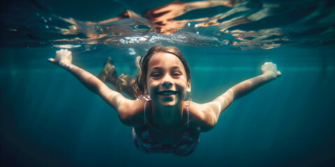 Obraz na płótnie Canvas Happy girl swimming underwater in a swimming pool by generative AI