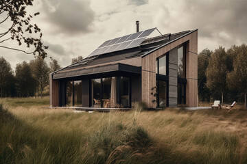 Obraz premium Residential homes powered by renewable energy sources such as solar panels and wind turbines. Ai generated..