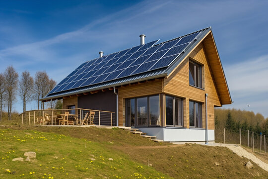 Residential homes powered by renewable energy sources such as solar panels and wind turbines. Ai generated..
