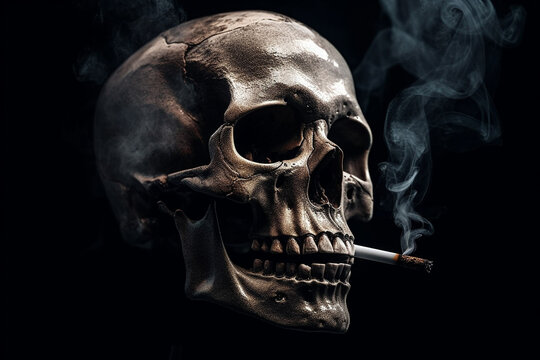 Human skull with a cigarette in its mouth, representing the dangers of smoking and the toll it takes on the human body. Ai generated..