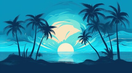 Obraz na płótnie Canvas Sunset with palm trees, nature, beach, illustration, vector