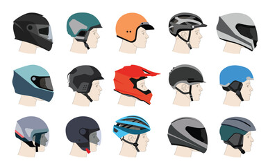 Racing helmets for car, motorcycle and bicycle. Vector illustration of racing helmets for head protection. 