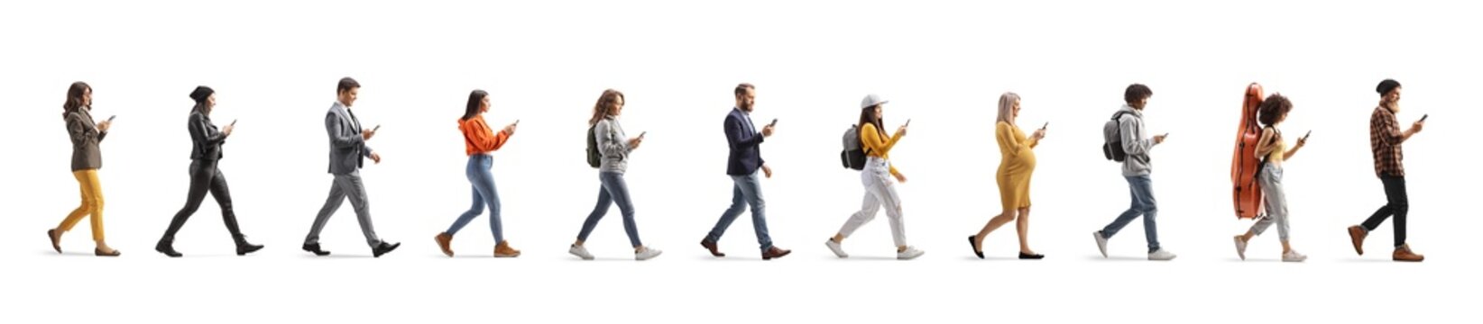 People using smartphones and walking in a line