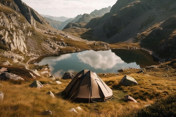 Fototapeta na wymiar A tent in a beautiful mountain landscape, representing the joy and adventure of camping in the great outdoors. Ai generated