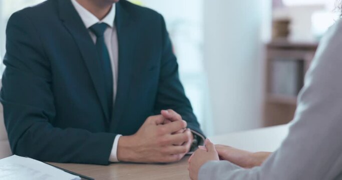 Business people, handshake and interview in meeting for deal, partnership or agreement at office. Businessman shaking hands with woman in corporate introduction, greeting or hiring at the workplace