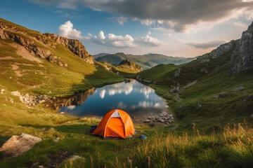 Orange tent next to a serene lake in a beautiful mountain landscape, representing the peace and tranquility of camping in nature.Ai generated