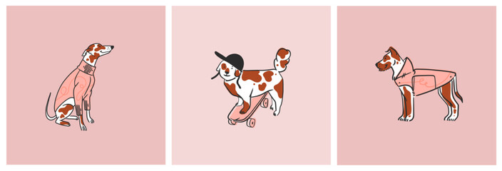 Hand drawn vector abstract graphic line collection set with diverse cute funny cartoon dogs characters.Vector illustration of funny cartoon different breeds dogs in trendy flat style. Line dog icon.