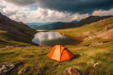 Orange tent next to a serene lake in a beautiful mountain landscape, representing the peace and tranquility of camping in nature.Ai generated