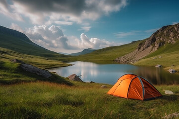 Orange tent next to a serene lake in a beautiful mountain landscape, representing the peace and tranquility of camping in nature.Ai generated