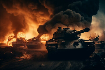 Fototapeta na wymiar Tanks in a fierce battle with fire and smoke, representing the devastation and destruction of war. Ai generated