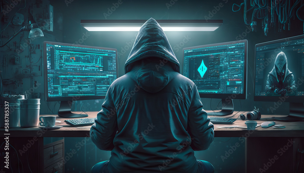 Poster hacker sitting in front of computer screens and looking at the camera， generative ai