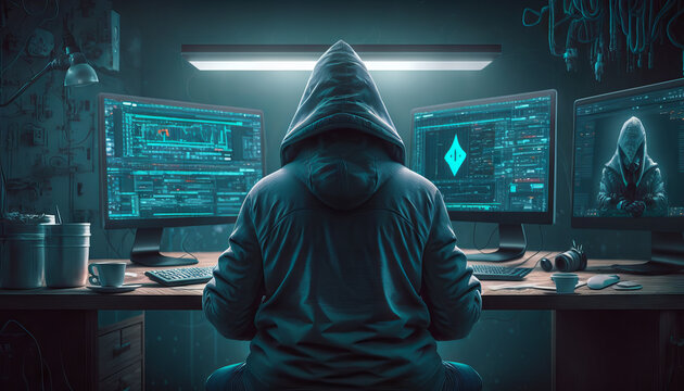 Hacker sitting in front of computer screens and looking at the camera， Generative AI